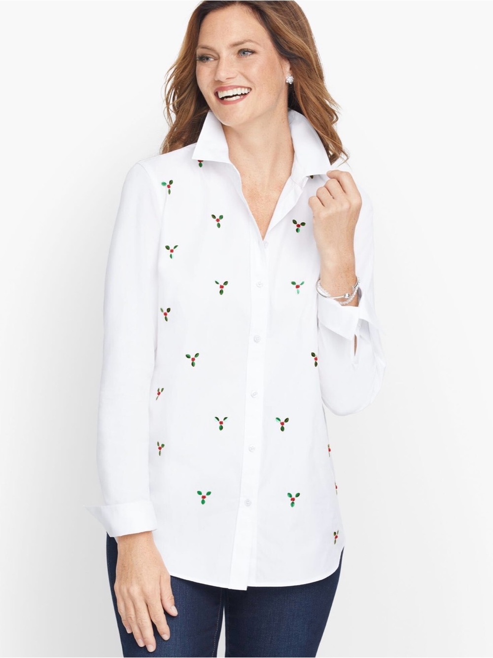 Talbots White Embellished Button-Down Shirt